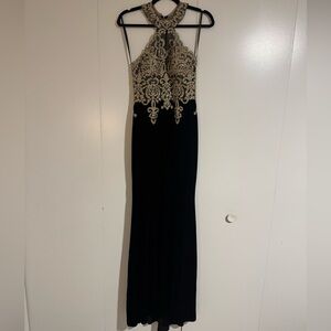 Xscape Gold and Black Velvet Halter Dress Size 6